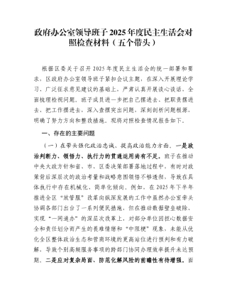政府办公室领导班子2025年度民主生活会对照检查材料(五个带头)