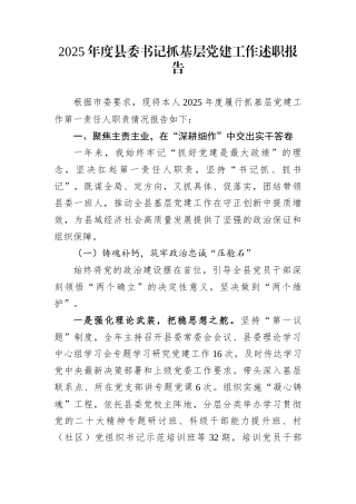 2025年度县委书记抓基层党建工作述职报告