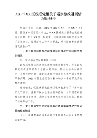 XX市XX区残联党组关于巡察整改进展情况的报告