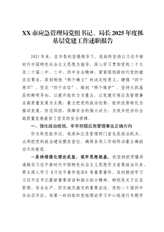 X市应急管理局党组书记、局长2025年度抓基层党建工作述职报告