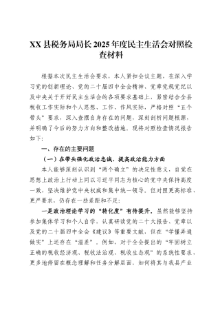 X县税务局局长2025年度民主生活会对照检查材料