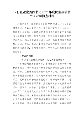 国有企业党委副书记2025年度民主生活会个人对照检查材料