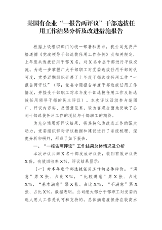 某国有企业“一报告两评议”干部选拔任用工作结果分析及改进措施报告
