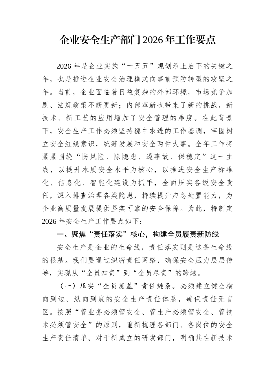 企业安全生产部门2026年工作要点_第1页