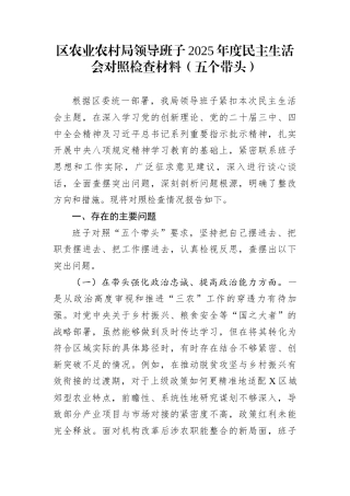 区农业农村局领导班子2025年度民主生活会对照检查材料（五个带头）