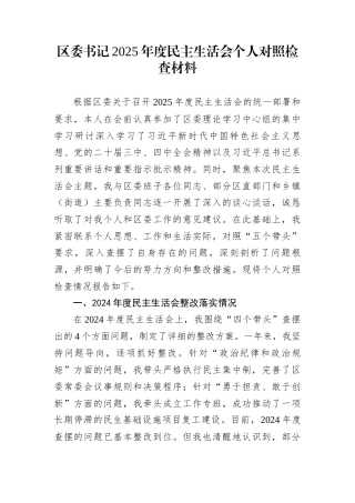 区委书记2025年度民主生活会个人对照检查材料1