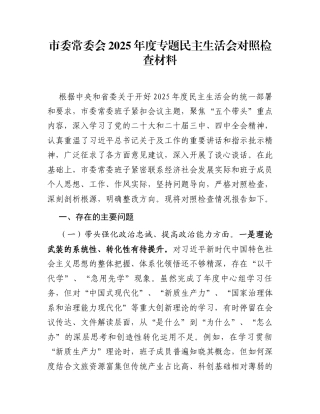 市委常委会2025年度专题民主生活会对照检查材料