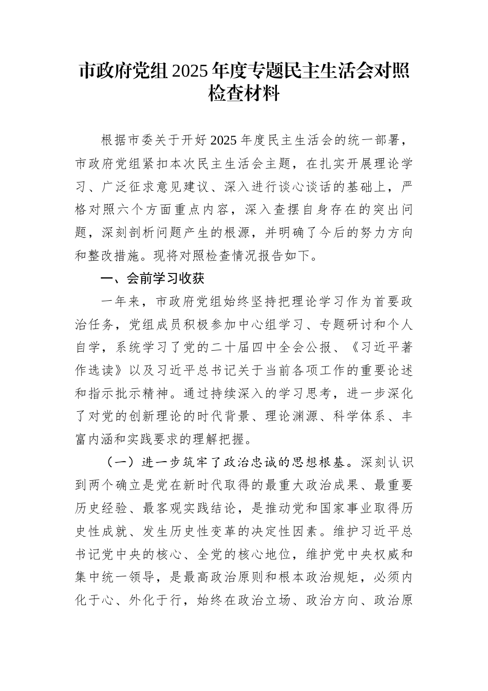 市政府党组2025年度专题民主生活会对照检查材料_第1页