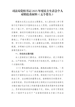 司法局党组书记2025年度民主生活会个人对照检查材料（五个带头）