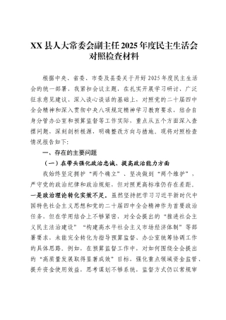 县人大常委会副主任2025年度民主生活会对照检查材料