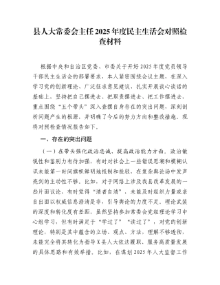 县人大常委会主任2025年度民主生活会对照检查材料