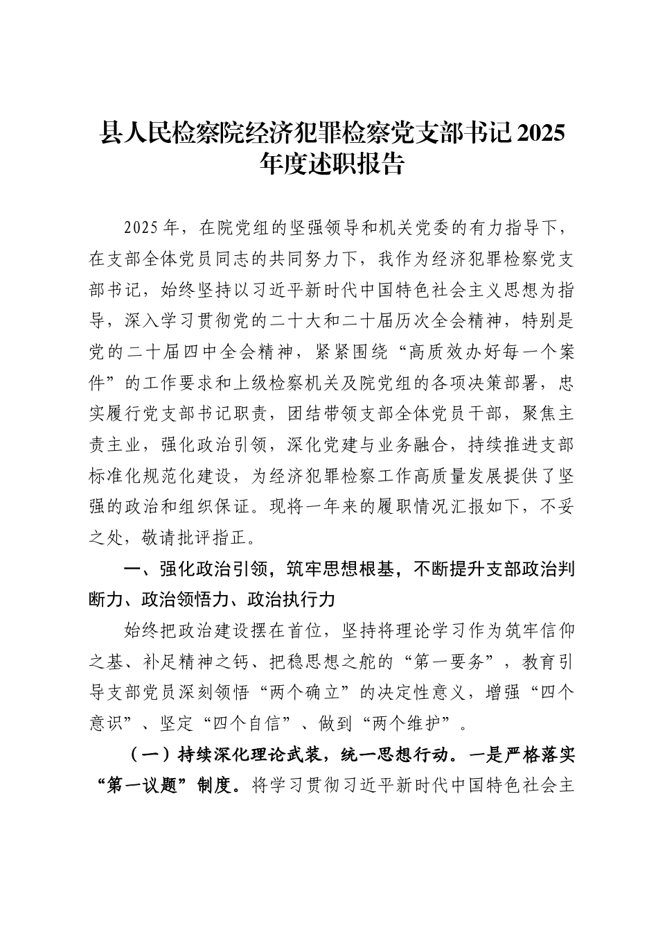 县人民检察院经济犯罪检察党支部书记2025年度述职报告._第1页