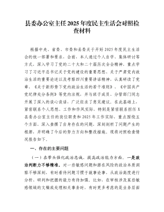 县委办公室主任2025年度民主生活会对照检查材料