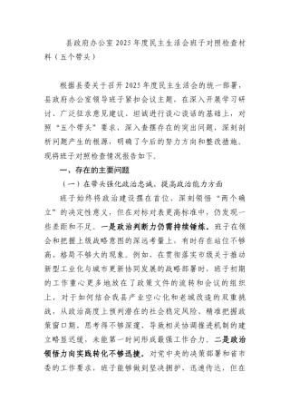 县政府办公室2025年度民主生活会班子对照检查材料1（五个带头）