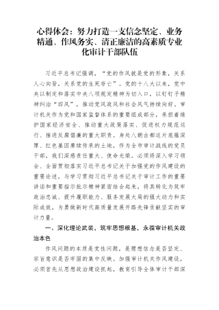 心得体会：努力打造一支信念坚定、业务精通、作风务实、清正廉洁的高素质专业化审计干部队伍