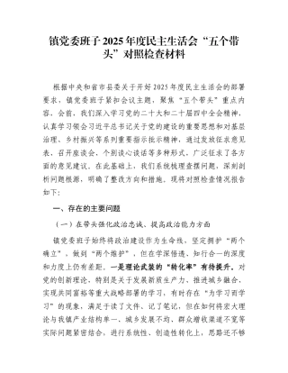 镇党委班子2025年度民主生活会“五个带头”对照检查材料