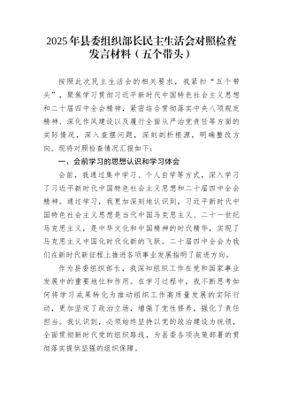 2025年县委组织部长民主生活会对照检查发言材料（五个带头）
