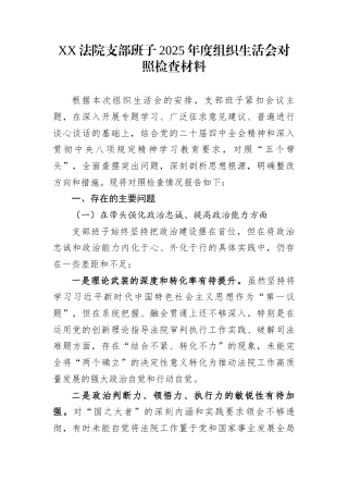 XX法院支部班子2025年度组织生活会对照检查材料