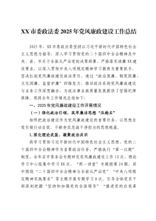 X市委政法委2025年党风廉政建设工作总结