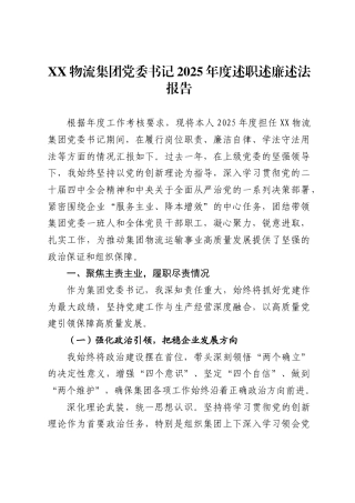 X物流集团党委书记2025年度述职述廉述法报告