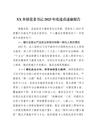 X乡镇党委书记2025年度述责述廉报告
