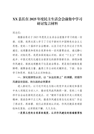 X县长在2025年度民主生活会会前集中学习研讨发言材料-