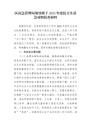 区应急管理局领导班子2025年度民主生活会对照检查材料