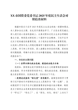 市国资委党委书记2025年度民主生活会对照检查材料.