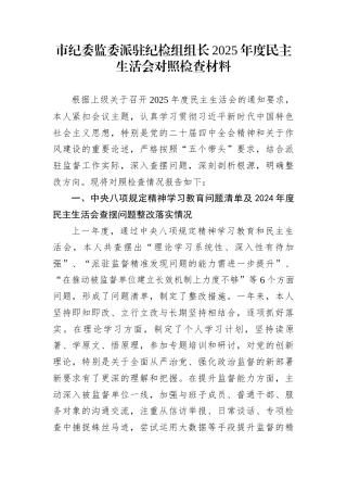 市纪委监委派驻纪检组组长2025年度民主生活会对照检查材料