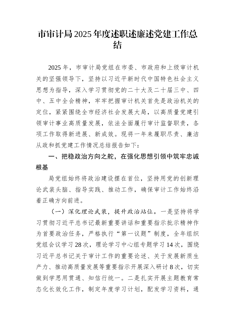 市审计局2025年度述职述廉述党建工作总结_第1页