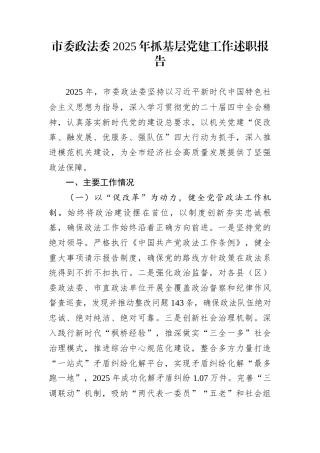 市委政法委2025年抓基层党建工作述职报告