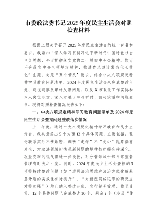 市委政法委书记2025年度民主生活会对照检查材料