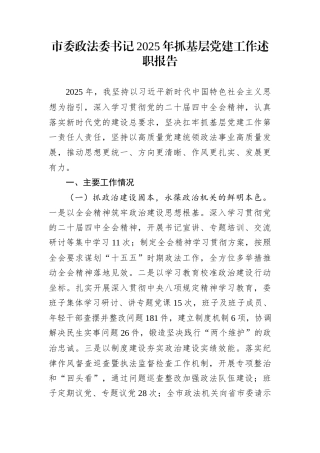 市委政法委书记2025年抓基层党建工作述职报告