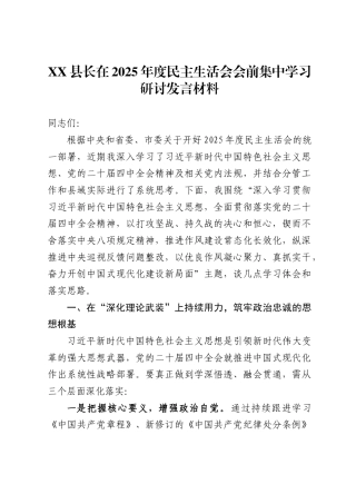 县长在2025年度民主生活会会前集中学习研讨发言材料