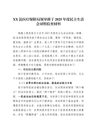 县医疗保障局领导班子2025年度民主生活会对照检查材料