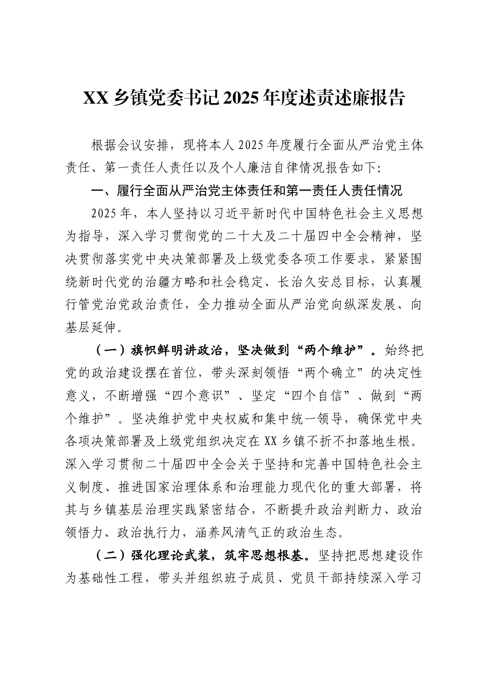 乡镇党委书记2025年度述责述廉报告_第1页