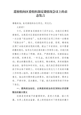 巡察组向区委组织部反馈情况会议上的表态发言