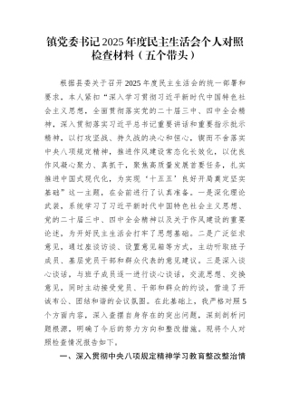 镇党委书记2025年度民主生活会个人对照检查材料（五个带头）