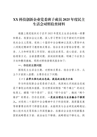 X科技创新企业党委班子成员2025年度民主生活会对照检查材料