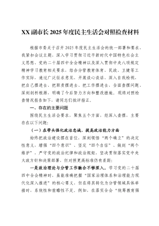 副市长2025年度民主生活会对照检查材料