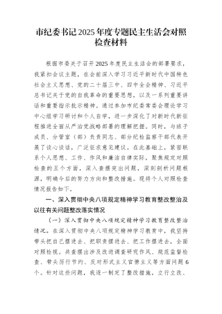市纪委书记2025年度专题民主生活会对照检查材料