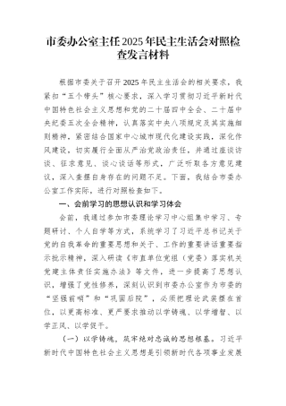 市委办公室主任2025年民主生活会对照检查发言材料