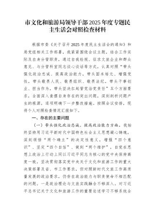 市文化和旅游局领导干部2025年度专题民主生活会对照检查材料