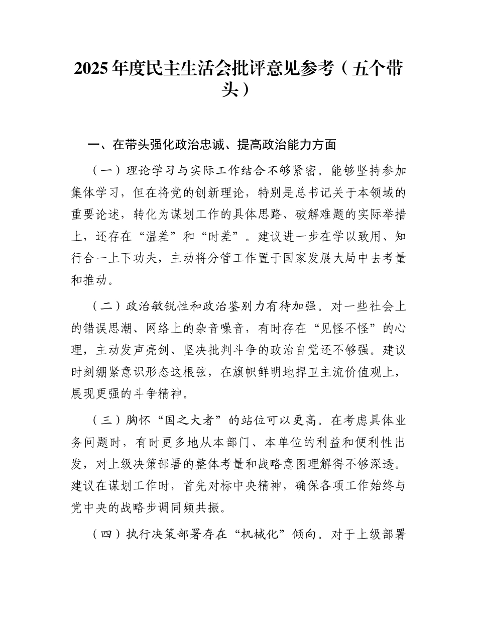2025年度民主生活会批评意见参考（五个带头）_第1页