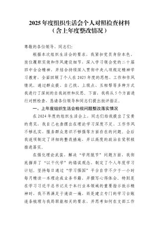 2025年度组织生活会个人对照检查材料（含上年度整改情况）