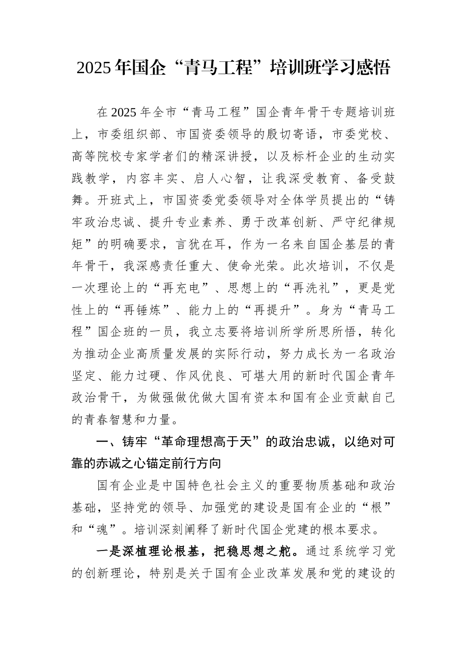 2025年国企“青马工程”培训班学习感悟_第1页
