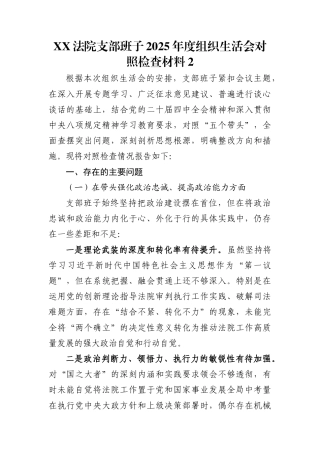 XX法院支部班子2025年度组织生活会对照检查材料2