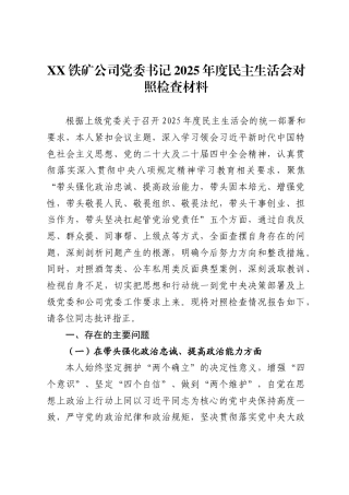 X铁矿公司党委书记2025年度民主生活会对照检查材料
