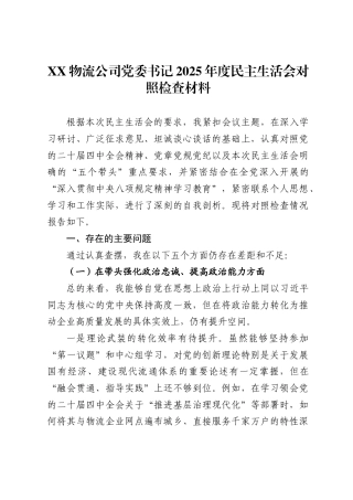 X物流公司党委书记2025年度民主生活会对照检查材料