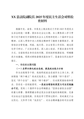 X县法院副院长2025年度民主生活会对照检查材料